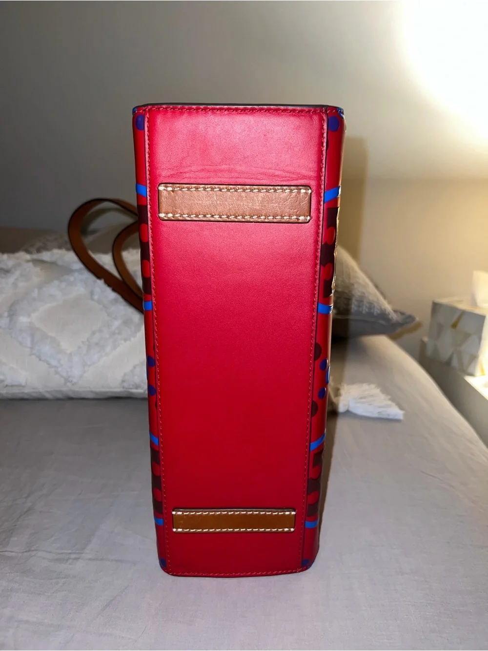 Tory Burch Red Logo Circle Print Tote with Brown Straps